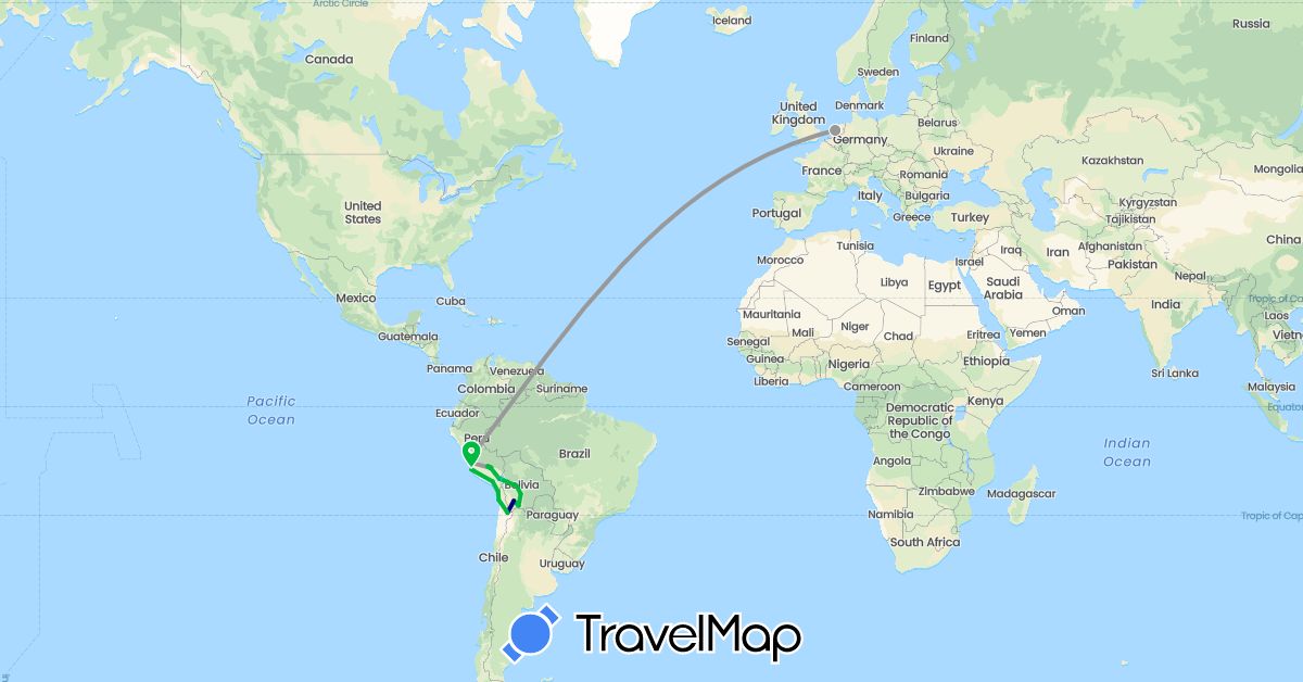 TravelMap itinerary: driving, bus, plane, hiking, boat in Bolivia, Chile, Netherlands, Peru (Europe, South America)